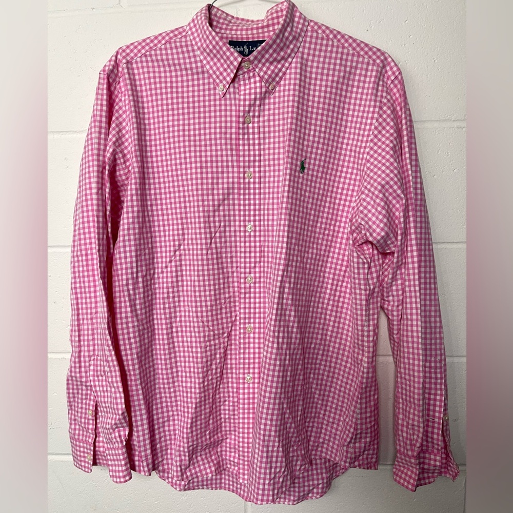 Ralph Lauren Custom Fit Gingham Button Down Shirt XL Pink White